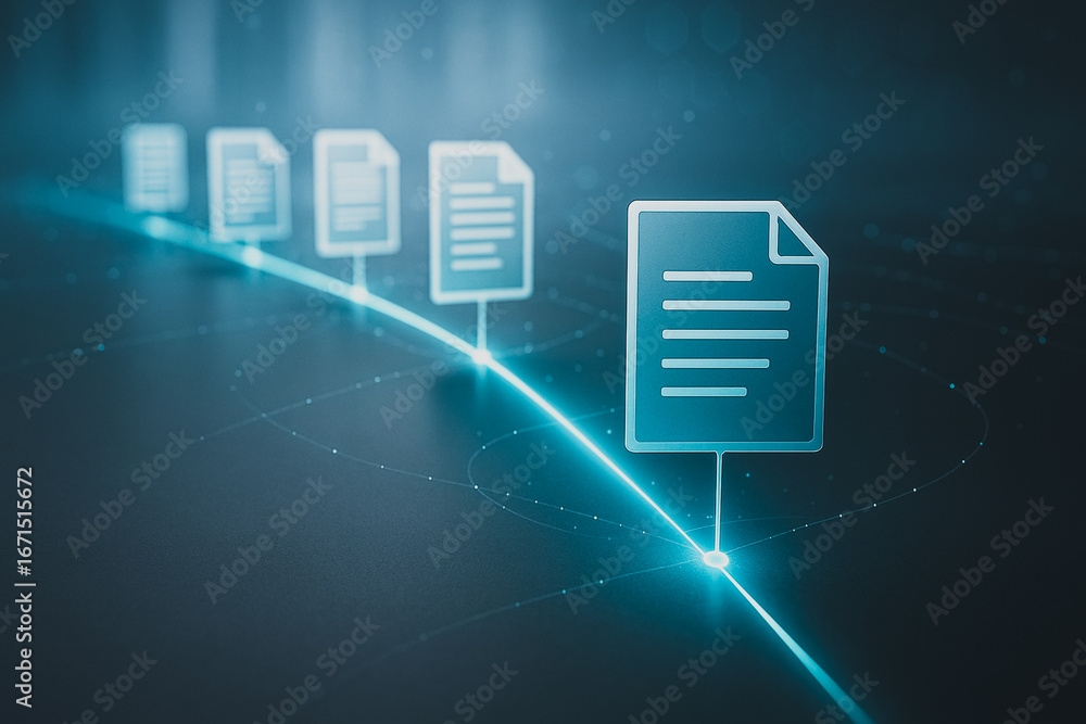 Poster digital documents in a row: conceptual imagery of glowing digital documents aligned along a vibrant 