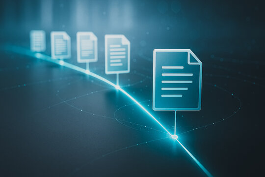 Digital Documents in a Row: Conceptual imagery of glowing digital documents aligned along a vibrant blue line, symbolizing the systematic flow of data and the interconnectedness of information.