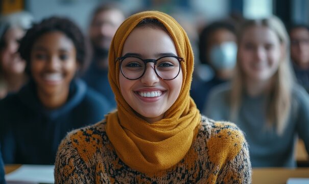 Inclusive education concept, featuring a group of happy multi-ethnic students in a classroom environment. The image focuses on diverse representation and the importance of DEI, Generative AI - Powered by Adobe
