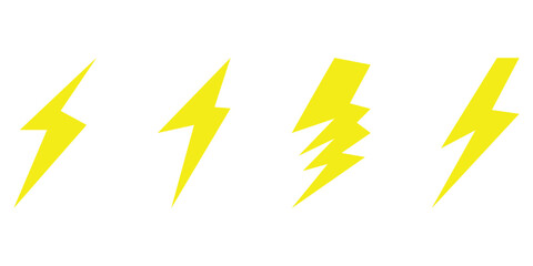 Black lightning vector icon set on isolated white background. 4 different shapes dark lightning icons. Thunder, battery, electric, lightning elements. EPS 10.