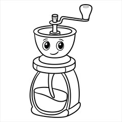 Cute Cartoon Coffee Grinder Mascot Vector Illustration with Happy Face for Kids Coloring Book and Cafe Design