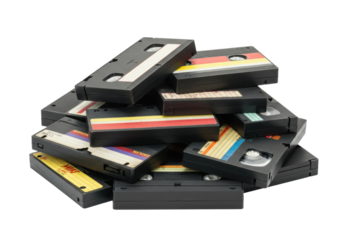 A nostalgic collection of vintage VHS tapes stacked together, showcasing various labels and colors, isolated on white background