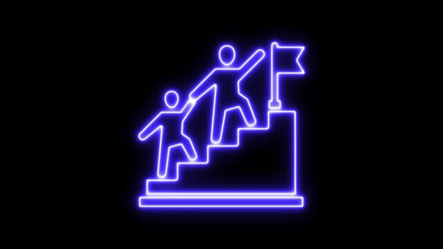Glowing neon line of man conquering business graph icon on transparent background Business concept of victory, success, goal achiever Success icon animation with neon line on black background