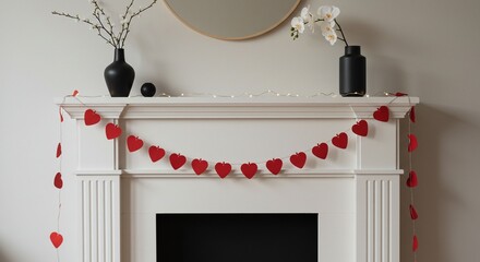 Red heart garland on white fireplace mantel