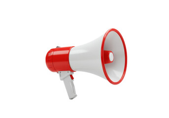 Red and white megaphone, ideal for announcements or events, isolated on white background