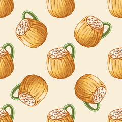 Hand drawn vintage seamless pattern of pumpkin mugs with whipped cream autumn drink, cozy halloween festive decorative illustration
