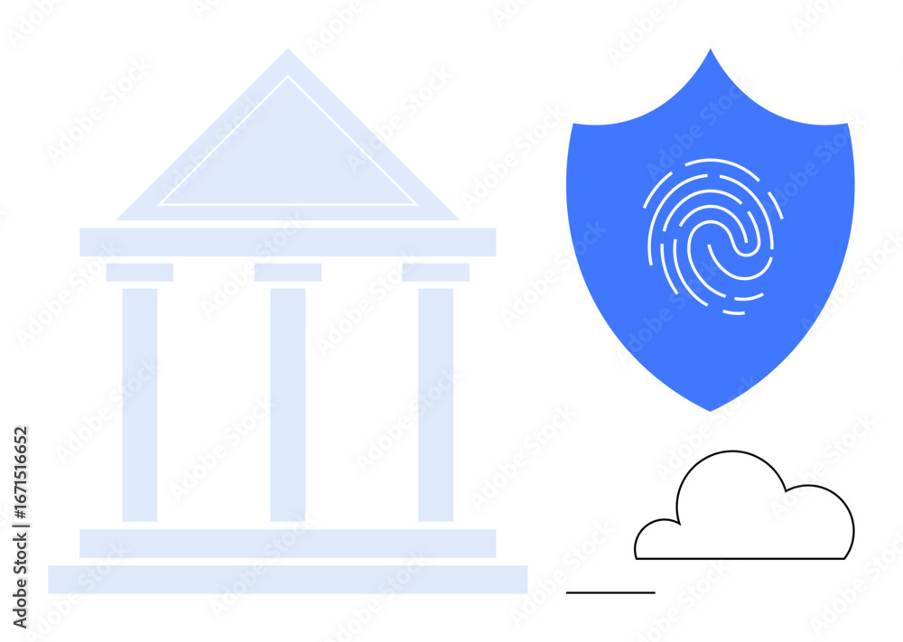Poster pillared courthouse with a shield featuring a fingerprint, and a connected cloud. ideal for cybersec