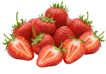 Fresh strawberries piled together with sliced halves showcasing juicy red interiors, isolated on white background