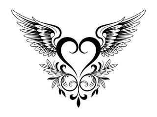 Winged Heart Floral Design Black and White Graphic for Tattoos or Creative Projects an Elegant and Timeless Symbol