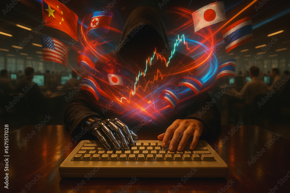 Aufkleber digital intrusion: a mysterious figure in a shadowy setting manipulates data and international flags