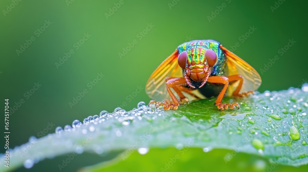 Poster macro image of a leafhopper with detailed thorax and shimmering wings, clinging to a dew-covered lea