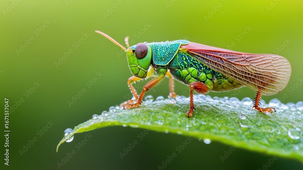 Poster macro image of a leafhopper with detailed thorax and shimmering wings, clinging to a dew-covered lea