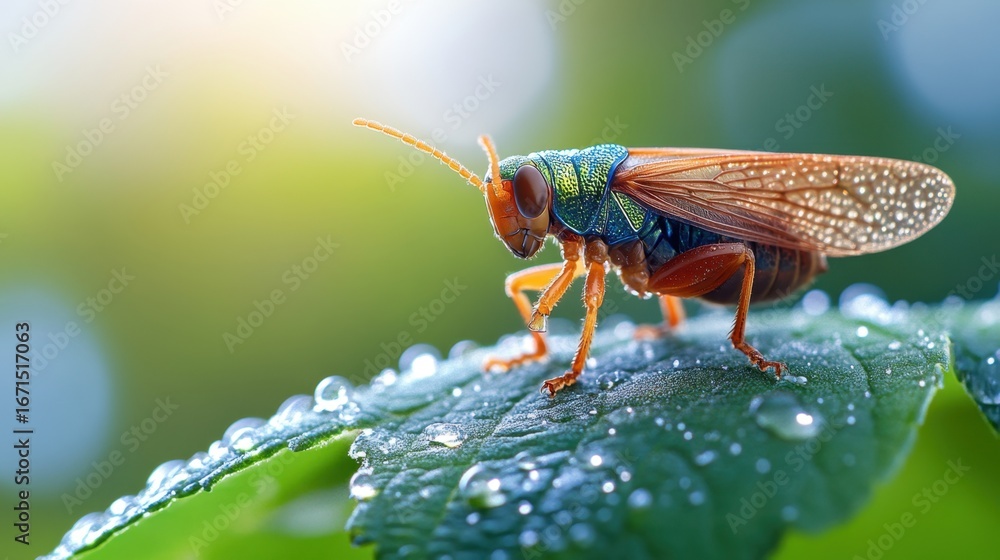 Poster macro image of a leafhopper with detailed thorax and shimmering wings, clinging to a dew-covered lea