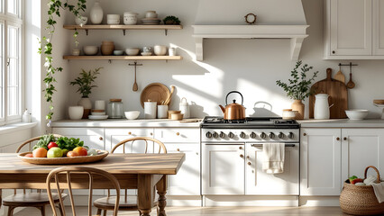 シンプルでナチュラルな白いキッチンインテリアのイメージ画像