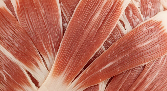 An extreme macro photograph of raw red meat revealing the intricate texture and pattern of individual muscle fibers and tissues.