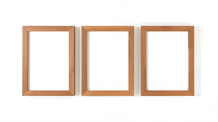 Three empty wooden frames on a white wall for mockup and design presentation.