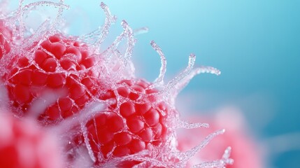 Macro of raspberry with tiny icy crystals and minuscule hairs, vibrant red tones magnified in soft lighting