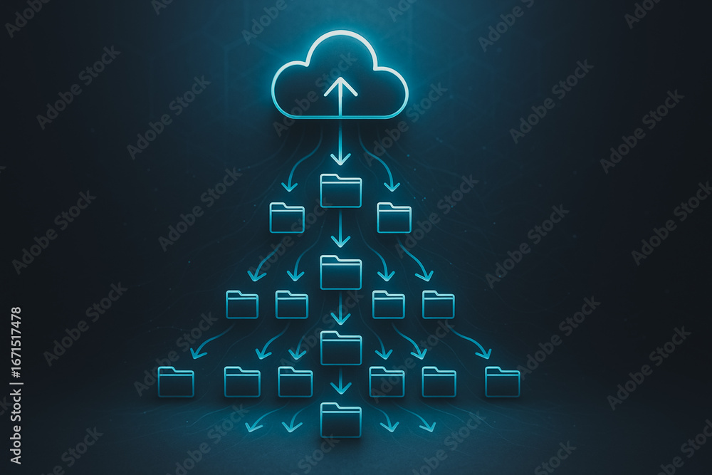 Poster cloud data tree: a vivid illustration of cloud computing and data organization, showcasing a network