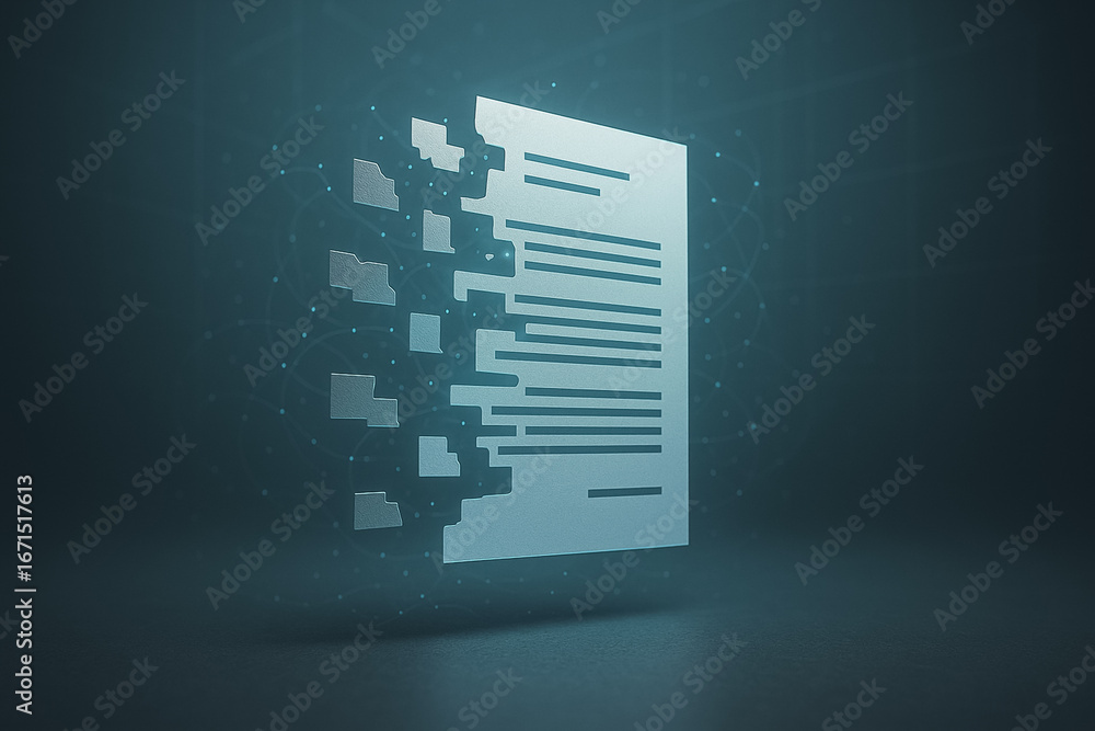Aufkleber data dissolution: a digital representation of data disintegration, with a document dissolving into i