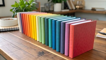 Colorful collection of books arranged in a rainbow gradient