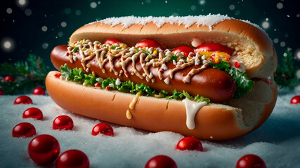 Christmas hot dog with lights, candy canes, holly, festive sauces, hyper-detailed, photorealistic, whimsical and festive holiday vibes.