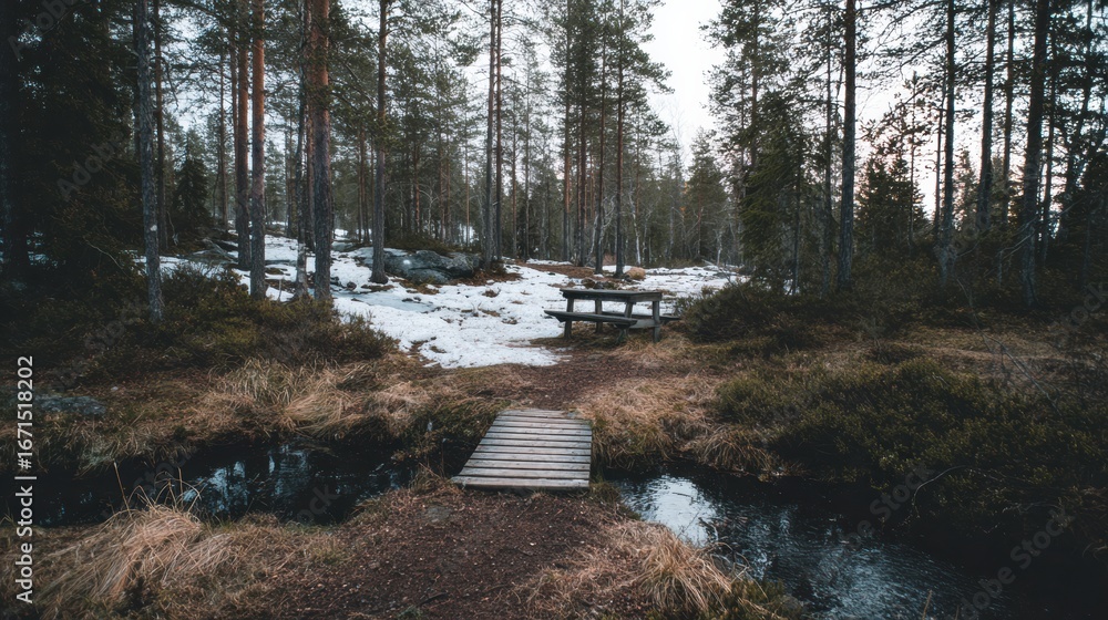 Poster tranquil forest setting with wooden bridge and calm stream during early springtime in a serene lands