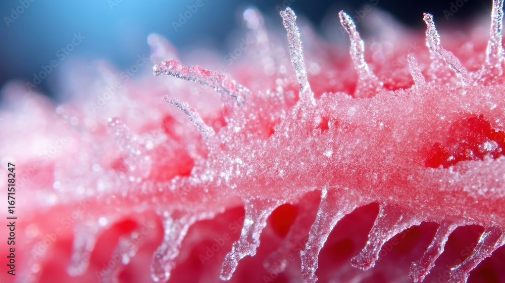 Poster macro photography of raspberry surface with sparkling ice granules and delicate hair textures under 