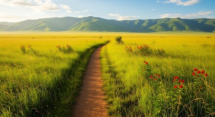 Obraz premium A Winding Dirt Path Through a Lush Green Field Towards Distant Mountains Under a Bright Blue Sky.