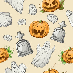 Hand drawn vintage seamless pattern of halloween ghosts, pumpkins, tombstones with rip crosses and boo speech bubbles illustration