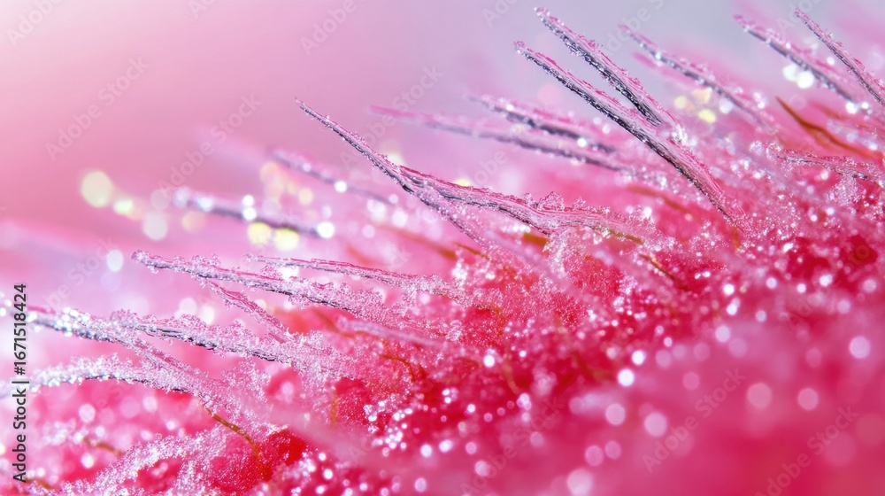 Aufkleber macro photography of raspberry surface with sparkling ice granules and delicate hair textures under 