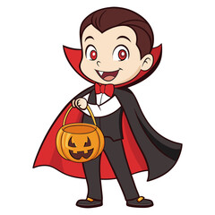 Cute Little Vampire Boy with Pumpkin Basket Halloween Vector
