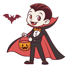 Cute Vampire Boy Trick or Treat with Pumpkin Basket and Bats Vector