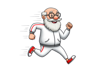 Isolated energetic Santa Claus jogging or running in a tracksuit, sport and fitness icon