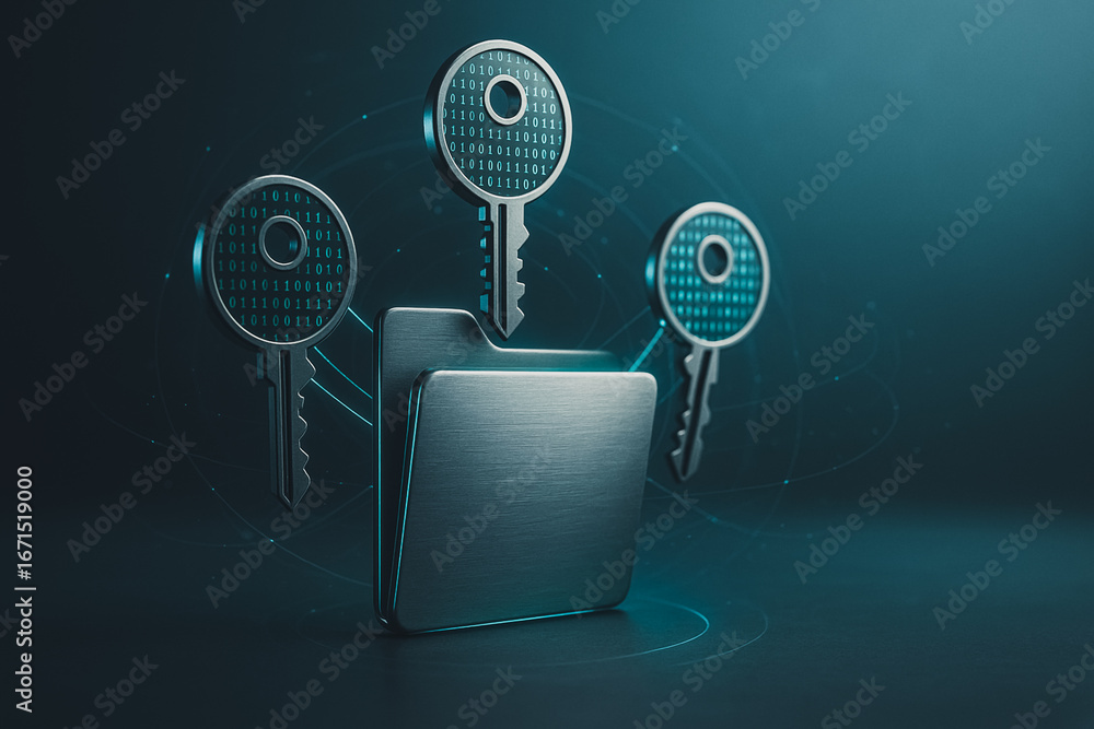 Poster digital security: intriguing view of a digital data storage, represented by folder, and multiple cry