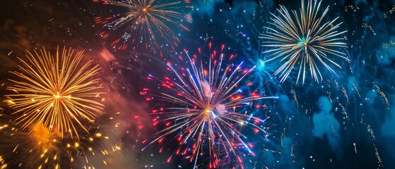 Fototapeta premium Colorful fireworks exploding in night sky celebrating new year's eve