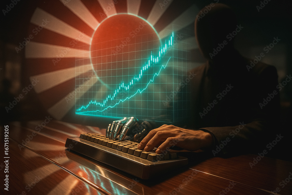 Poster data manipulation: an enigmatic figure manipulates data, underscored by a rising graph, implying tec