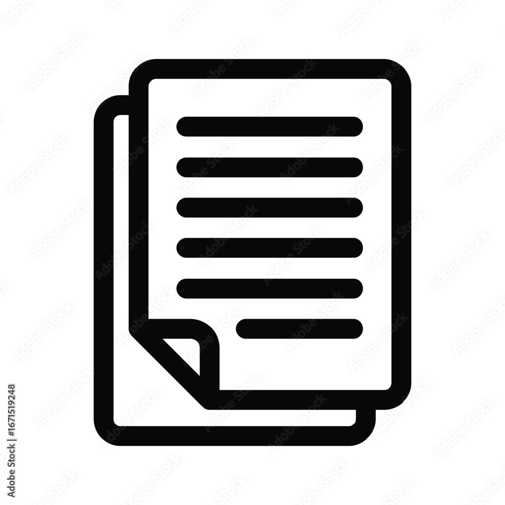 Poster black outline of two paper sheets the top one with lines and a folded corner. editable stroke. vecto