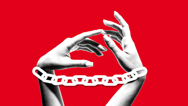 Surreal collage art. Hands in chain symbolizing restriction and fragile emotion on red background. Concept of prison system, social dependence, and emotional captivity.