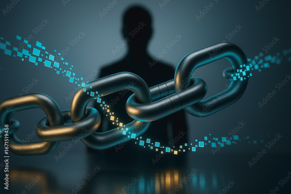 Poster chain of innovation: a metallic chain, symbolizing connection and the power of linked concepts, with