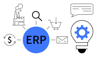 ERP in focus, surrounded by factory, magnifier, shopping cart, dollar symbol, email, and bulb with gear. Ideal for business integration, data management automation finance logistics