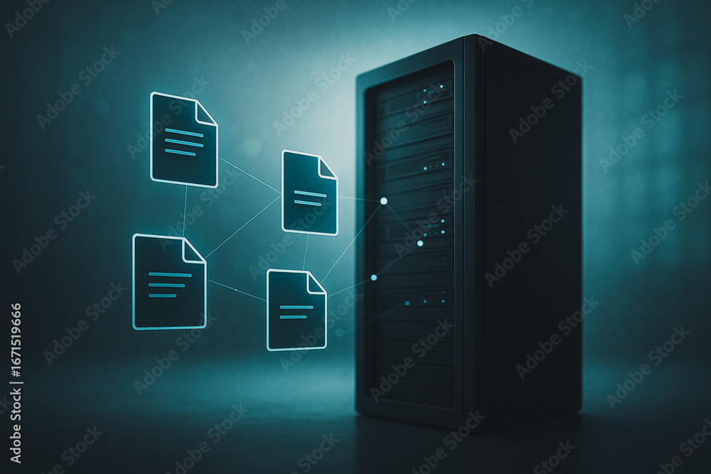Poster server and data: a realistic server cabinet stands prominently, symbolizing a digital hub, with inte