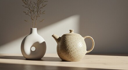 White vase and teapot on wooden table