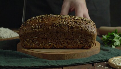 Rustic loaf of multigrain bread on wooden board, ready to be sliced