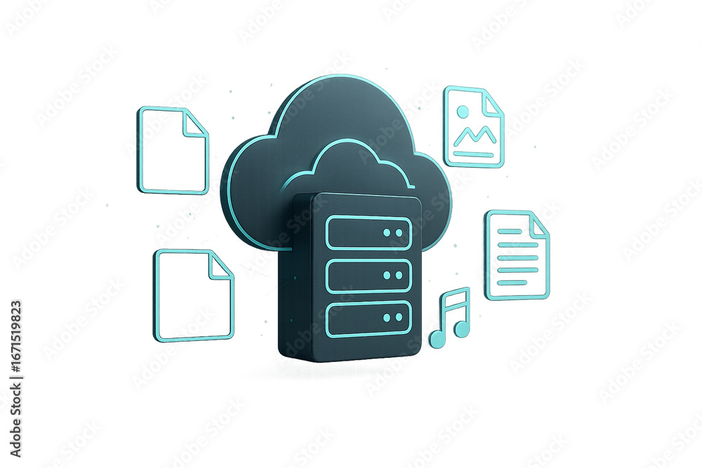 Poster cloud server and data files: a modern representation of digital storage, with a cloud symbol embraci