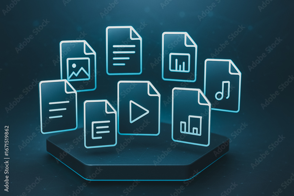 Poster digital files in futuristic design: a vibrant collection of digital file icons, each representing a 