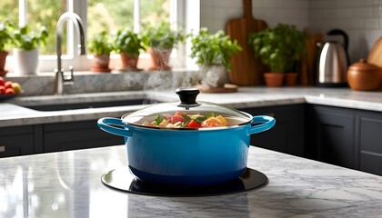 Steaming Pot on a Modern Kitchen Countertop.This image is perfect for food blogs, recipe websites, cookware advertisements, and flyers for cooking classes or healthy meal delivery services.