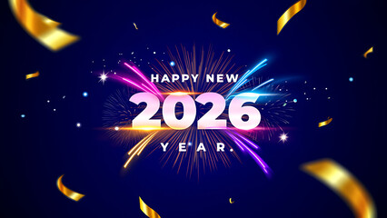 Fototapeta premium Celebrate the arrival of 2026 with dazzling fireworks and golden confetti, a vibrant and exciting start to the new year!