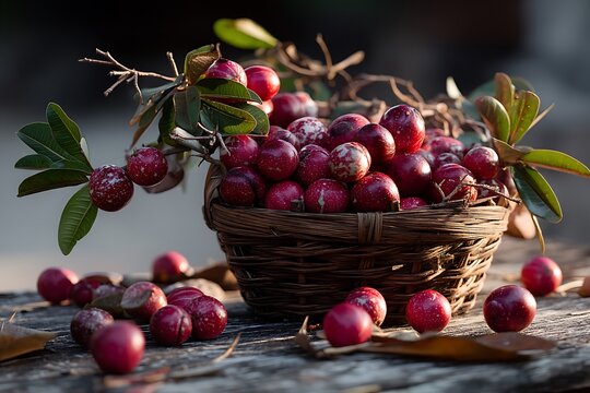 A basket of freshly picked kokum fruits with their vibrant red skins, set on a rustic wooden table surrounded by scattered leaves, capturing the golden light of late afternoon.