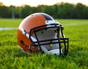 Orange football helmet on grass field
