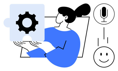 Woman holding puzzle piece with gear symbol. Nearby voice recording and smile icons. Ideal for teamwork, problem-solving, technology, innovation, creative thinking, communication, simple landing page